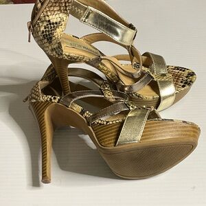 Steve Madden Metallic Gold and Brown Snake-Print Strappy High Heels
